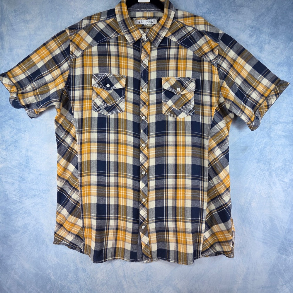 BKE Mens Athletic Fit Plaid Pearl Snap Short Sleeve Western Shirt Blue Yellow XL